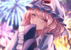 Rule 34 | 1girl, blue dress, blue headwear, blurry, depth of field, dress, fireworks, highres, lens flare, looking at viewer, pink eyes, pink hair, saigyouji yuyuko, shiranui (wasuresateraito), sleeves past fingers, sleeves past wrists, smile, solo, touhou