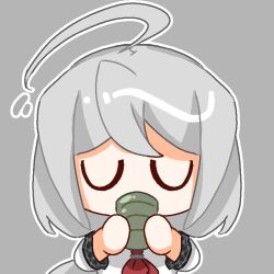 Rule 34 | 1girl, ahoge, chibi, chinese commentary, closed eyes, commentary request, cup, drinking, grey background, grey hair, holding, holding cup, long hair, neckerchief, outline, plaid, priswocaer, red neckerchief, shirt, simple background, solo, sora (super danganronpa another 2), super danganronpa another 2, white outline, white shirt, yunomi