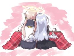 Rule 34 | 2girls, azusa (blue archive), black skirt, blonde hair, blue archive, blue skirt, coffee mug, commentary request, cup, feathered wings, from behind, grey hair, halo, hifumi (blue archive), highres, kotatsu, kurosaki kousuke, leaning on person, long hair, low twintails, mug, multiple girls, pleated skirt, skirt, table, twintails, under kotatsu, under table, wings, yuri