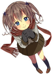 Rule 34 | 1girl, bad id, bad pixiv id, blue eyes, blush, brown hair, from above, full body, gloves, hair ornament, light smile, loafers, original, own hands together, scarf, shoes, short hair, short twintails, simple background, skirt, smile, solo, twintails, white background, yadapot