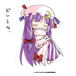 Rule 34 | 1girl, blush, bow, crescent, closed eyes, female focus, floating, frilled pillow, frills, hair bow, hat, long hair, lowres, mizuno kurage, hugging object, patchouli knowledge, pillow, pillow hug, purple hair, sleeping, solo, touhou, zzz