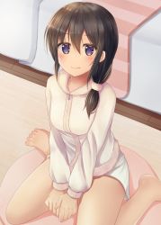 Rule 34 | 1girl, barefoot, bed, black hair, blue eyes, commentary request, hair over shoulder, highres, long hair, looking at viewer, minakami mimimi, original, shorts, sitting, sleepwear, smile, solo, wariza, white shorts