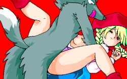 Rule 34 | 1990s (style), 1boy, 1girl, :q, akazukin chan ni kiwotsukete, aliasing, blonde hair, blue skirt, braid, breasts, breasts apart, capelet, closed eyes, clothed female nude male, clothed sex, clothes lift, crying, dithering, game cg, hood, hood up, hooded capelet, interspecies, licking lips, little red riding hood, long hair, missionary, nude, open clothes, open shirt, pc98, pixel art, pussy juice, pussy juice trail, red background, red capelet, red footwear, retro artstyle, simple background, skirt, skirt lift, small areolae, small breasts, spread legs, sweat, tagme, tongue, tongue out, twin braids, wolf