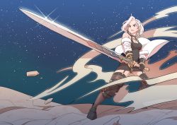 Rule 34 | 1girl, absurdres, black choker, black dress, boots, breasts, brown eyes, character request, choker, cleavage, dress, dungeon and fighter, dust, hair behind ear, highres, holding, holding sword, holding weapon, jacket, korean commentary, medium breasts, off shoulder, short hair, sky, solo, star (sky), starry sky, sunrise stance, sword, thigh boots, thighhighs, v-shaped eyebrows, weapon, weol siki, white hair, white jacket