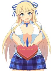 Rule 34 | 10s, 1girl, :d, aqua eyes, between breasts, blonde hair, blue necktie, blue ribbon, blush, breasts, candy, chocolate, chocolate heart, cowboy shot, food, foreshortening, green eyes, hair ribbon, heart, highres, holding, incoming gift, jadf, katsuragi (senran kagura), large breasts, long hair, looking at viewer, necktie, necktie between breasts, no bra, open clothes, open mouth, open shirt, plaid, plaid skirt, ribbon, senran kagura, shirt, short sleeves, skirt, smile, solo, transparent background, unbuttoned, unbuttoned shirt, valentine