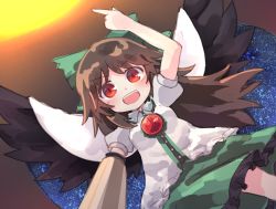 Rule 34 | 1girl, arm cannon, arm up, black wings, bow, breasts, brown hair, cape, dutch angle, feathered wings, frilled skirt, frills, green bow, green skirt, hair bow, kibisake, legs apart, long hair, looking at viewer, puffy short sleeves, puffy sleeves, red eyes, reiuji utsuho, shirt, short sleeves, skirt, small breasts, solo, space print, starry sky print, touhou, v-shaped eyebrows, very long hair, weapon, white cape, white shirt, wings