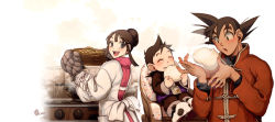 Rule 34 | 1girl, 2boys, bamboo steamer, baozi, blush, chi-chi (dragon ball), child, closed eyes, dated, dragon ball, dragonball z, dumpling, eating, family, father and son, food, harumaki, looking back, mother and son, multiple boys, oven mitts, son gohan, son goku