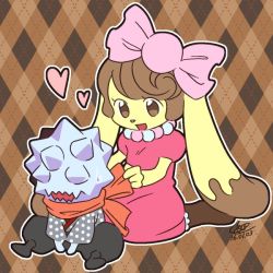 Rule 34 | 10s, 1boy, 1girl, adjusting clothes, argyle, argyle background, argyle clothes, brown background, brown eyes, brown hair, candy lapin (show by rock!!), dated, dress, furry, gashigashi (show by rock!!), heart, no eyes, open mouth, puffy short sleeves, puffy sleeves, rabbit, shikido (khf), short sleeves, show by rock!!, signature, sitting, smile