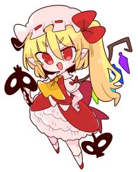 Rule 34 | 1girl, ascot, blonde hair, bow, crystal, fang, flandre scarlet, frilled shirt, frilled shirt collar, frilled skirt, frilled sleeves, frills, hat, hat ribbon, highres, medium hair, mob cap, one side up, op na yarou, puffy short sleeves, puffy sleeves, red bow, red eyes, red ribbon, red skirt, red vest, ribbon, shirt, short sleeves, simple background, skirt, solo, touhou, vest, white background, white shirt, wings, yellow ascot