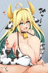Rule 34 | 1boy, 1girl, :d, absurdres, ahoge, animal ears, animal print, bell, bikini, blonde hair, blush, breasts, breasts squeezed together, choker, clenched hand, colored inner hair, cow ears, cow horns, cow print, cowbell, cum, cum on body, cum on breasts, cum on upper body, den (den zuri555), ear tag, ejaculation, elbow gloves, elf, elven forest maker, gloves, green eyes, green hair, grey background, hair between eyes, heart, hetero, highres, horns, huge breasts, huge filesize, large breasts, last origin, long hair, motion lines, multicolored hair, navel, neck bell, open mouth, paizuri, paizuri under clothes, penis, pointy ears, simple background, smile, solo focus, squeezing, star-shaped pupils, star (symbol), swimsuit, symbol-shaped pupils, trembling, two-tone hair