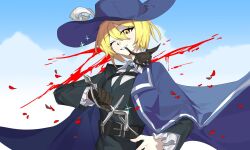 Rule 34 | 1girl, belt, black belt, black jacket, black necktie, blonde hair, blood, blue cape, blue hat, cape, chest harness, collared shirt, don quixote (project moon), frilled sleeves, frills, grin, harness, hat, hat feather, highres, jacket, limbus company, long sleeves, looking at viewer, necktie, nishiirei9522, one eye closed, project moon, rapier, shirt, short hair, smile, solo, sword, weapon, white shirt, yellow eyes