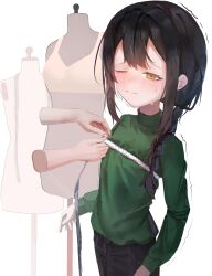 Rule 34 | 1girl, absurdres, arms at sides, black hair, black pants, bra, braid, braided ponytail, bust measuring, chainsaw man, cowboy shot, disembodied hands, dot nose, eyebrows hidden by hair, flat chest, furrowed brow, green sweater, highres, itzbob21 (pixiv71604242), long sleeves, looking at viewer, mannequin, measuring, medium hair, nayuta (chainsaw man), one eye closed, pants, sidelocks, simple background, single braid, solo, standing, sweat, sweater, trembling, tsurime, turtleneck, turtleneck sweater, underwear, wavy mouth, white background, yellow eyes