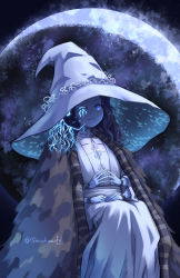 Rule 34 | 1girl, blue eyes, blue hair, blue skin, cloak, closed mouth, colored skin, commentary, dated, doll joints, dress, elden ring, english commentary, extra arms, full moon, fur cloak, hat, highres, joints, looking at viewer, moon, one eye closed, ranni the witch, shirakawafel, short hair, sitting, solo, twitter username, white dress, white hat, witch hat
