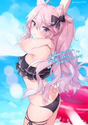 Rule 34 | 1girl, ahoge, animal ears, arched back, arm up, armpits, bandeau, beach, bikini, black bikini, black bow, blue sky, blush, bow, cat ears, cat girl, closed mouth, cloud, commentary, commission, cowboy shot, eyebrows hidden by hair, eyes visible through hair, frilled bikini, frills, from side, hair between eyes, hair bow, highres, innertube, lens flare, light rays, long hair, looking at viewer, looking back, nyatasha nyanners, ocean, pink hair, ponytail, purple eyes, red innertube, sidelocks, skeb commission, skindentation, sky, smile, solo, strapless, strapless bikini, stretching, sunbeam, sunlight, sweat, swim ring, swimsuit, thigh strap, translated, twitter username, virtual youtuber, vshojo, water, ygcn