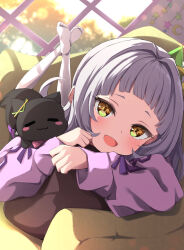Rule 34 | 1girl, :3, :d, = =, alternate costume, arched bangs, blurry, blurry background, blush, blush stickers, brown eyes, cat, commentary request, crossed legs, feet, feet up, foreshortening, fumi (fumibeing), grey hair, hair bun, hair ornament, highres, hololive, indoors, long hair, long sleeves, looking at viewer, lying, murasaki shion, no shoes, on stomach, open mouth, pantyhose, purple ribbon, purple shirt, ribbon, shadow, shiokko (murasaki shion), shirt, sidelocks, single side bun, sleeves past wrists, smile, soles, solo, the pose, toes, virtual youtuber, white pantyhose, window