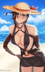 Rule 34 | 1girl, arms behind back, bare shoulders, beach, black one-piece swimsuit, black shorts, blue sky, blush, braid, breasts, brown eyes, brown hair, choker, closed mouth, collarbone, day, earrings, fate/grand order, fate (series), glasses, hat, heomura, heroic spirit festival outfit, highres, jewelry, long hair, long sleeves, looking at viewer, medium breasts, multiple earrings, navel, o-ring, ocean, one-piece swimsuit, ribbon trim, short shorts, shorts, single braid, sky, smile, solo, straw hat, swimsuit, thighs, very long hair, yu mei-ren (fate), yu mei-ren (festival outfit) (fate)