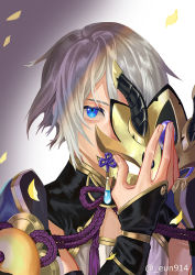 Rule 34 | 1boy, blue eyes, chinese clothes, commentary, covered mouth, eun se, fate/grand order, fate (series), grey hair, hair between eyes, holding, horned mask, long hair, looking at viewer, male focus, mask, prince of lan ling (fate), solo