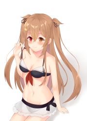 Rule 34 | 1girl, absurdres, alternate costume, bare shoulders, black ribbon, breasts, brown eyes, c:, cleavage, cowboy shot, gradient hair, hair ornament, hair ribbon, hairclip, heterochromia, highres, ishmofu, kantai collection, light brown hair, long hair, looking at viewer, medium breasts, midriff, multicolored hair, murasame (kancolle), murasame kai ni (kancolle), navel, red eyes, ribbon, sailor bikini, sailor collar, simple background, sitting, smile, solo, two side up, white background