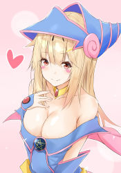 Rule 34 | 1girl, alternate costume, blonde hair, breasts, cleavage, collarbone, commentary request, cosplay, dark magician girl, dark magician girl (cosplay), hair flaps, hair ornament, hairclip, heart, highres, kantai collection, large breasts, long hair, outline, pink background, red eyes, saku (kudrove), smile, solo, yu-gi-oh!, yuudachi (kancolle)