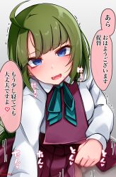 Rule 34 | 1girl, 1other, absurdres, ahoge, baileys (tranquillity650), blue eyes, blush, braid, collared shirt, green hair, highres, kantai collection, long hair, long sleeves, looking at viewer, mole, mole under mouth, open mouth, pleated skirt, purple skirt, shirt, single braid, skirt, speech bubble, translation request, white shirt, yuugumo (kancolle), yuugumo kai ni (kancolle)