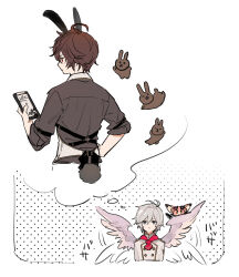 Rule 34 | 1other, 2boys, ahoge, angel wings, animal ears, blue eyes, brown hair, chef, commentary, doodle inset, dotted background, expressionless, facing viewer, fake animal ears, fake tail, feathered wings, from behind, granblue fantasy, hair between eyes, harness, holding, holding menu, iwashi (morpho000), lucifer (shingeki no bahamut), menu, messy hair, motion lines, multiple boys, neckerchief, official alternate costume, profile, rabbit ears, rabbit tail, red eyes, red neckerchief, sandalphon (granblue fantasy), symbol-only commentary, tail, thought bubble, upper body, vest, white hair, white vest, white wings, wings, yaoi