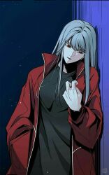 Rule 34 | 1girl, black shirt, closed mouth, hand up, hero killer, ihwa (hero killer), long hair, looking down, red eyes, red sweater, serious, shirt, solo, sweater, very long hair, white hair