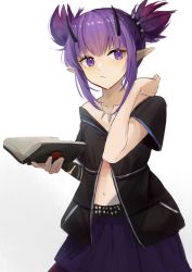 Rule 34 | 1girl, arknights, azuazu 0405, black shirt, book, commentary request, female focus, gradient background, grey background, hand up, highres, holding, holding book, horns, lava (arknights), navel, pointy ears, purple eyes, purple hair, purple skirt, shirt, short hair, short sleeves, sidelocks, skirt, solo, twintails, upper body, white background