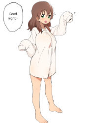 Rule 34 | 1girl, absurdres, barefoot, blush, breasts, brown hair, bural chingu, english text, full body, green eyes, ham na-bi, highres, long hair, long sleeves, looking at viewer, luke (dydansgur), naked shirt, open mouth, original, shirt, simple background, sleeves past fingers, sleeves past wrists, solo, standing, white background