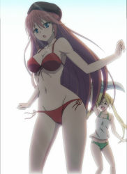 Rule 34 | &gt; &lt;, 10s, 2girls, asami lilith, bikini, blonde hair, blue eyes, breasts, cleavage, closed eyes, hat, highres, large breasts, long hair, multiple girls, red hair, screencap, selina sherlock, small breasts, swimsuit, trinity seven, twintails