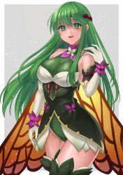Rule 34 | 1girl, absurdres, alternate costume, bare shoulders, breasts, cleavage, cowboy shot, elbow gloves, fairy wings, fire emblem, fire emblem: shadow dragon and the blade of light, fire emblem heroes, flower, gloves, green eyes, green hair, hair flower, hair ornament, hazuki (nyorosuke), highres, large breasts, long hair, looking at viewer, nintendo, palla (fire emblem), smile, solo, thighhighs, white gloves, wings