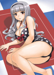 Rule 34 | 1girl, blush, breasts, casual one-piece swimsuit, cleavage, hairband, hida tatsuo, idolmaster, idolmaster (classic), long hair, lying, one-piece swimsuit, polka dot, shijou takane, silver hair, solo, swimsuit, thighs