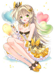 Rule 34 | 1girl, :d, balloon, bare shoulders, black bow, blush, bow, breasts, brown hair, cleavage, commentary request, confetti, dress, fang, green eyes, hair between eyes, hair bow, heart balloon, highres, holding, holding microphone, iriam, juna, long hair, looking at viewer, medium breasts, microphone, open mouth, pleated dress, shoes, smile, strapless, strapless dress, very long hair, virtual youtuber, white background, wrist cuffs, yellow bow, yellow dress, yellow footwear, yukihara mikan