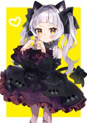 Rule 34 | 1girl, absurdres, aged down, animal ear fluff, animal ears, black bow, black dress, black ribbon, blush, bow, cat ears, cat girl, cat tail, choker, dress, eyes visible through hair, feet out of frame, female focus, frilled bow, frilled choker, frilled dress, frilled ribbon, frilled sleeves, frills, gothic lolita, hair ribbon, heart, heart hands, highres, hololive, huge filesize, lolita fashion, long hair, long sleeves, looking at viewer, murasaki shion, murasaki shion (gothic lolita), noi mine, pantyhose, puckered lips, ribbon, short eyebrows, silver hair, simple background, solo, tail, tail bow, tail ornament, twintails, very long hair, virtual youtuber, yellow eyes