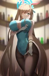 Rule 34 | 1girl, absurdres, aqua eyes, asuna (blue archive), bare shoulders, blonde hair, blue archive, breasts, card, gloves, hair over one eye, halo, highres, k cyp, large breasts, leotard, long hair, looking at viewer, pantyhose, playboy bunny, solo, thighband pantyhose, very long hair