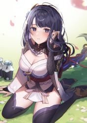 Rule 34 | 1girl, absurdres, arm support, black thighhighs, blush, breasts, bridal gauntlets, cleavage, falling petals, genshin impact, hair ornament, tucking hair, high heels, highres, japanese clothes, large breasts, long hair, looking at viewer, nerua, outdoors, parted lips, petals, purple eyes, purple hair, raiden shogun, sitting, solo, swept bangs, thighhighs, thighs, wariza
