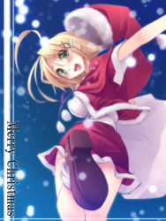 Rule 34 | 1girl, blonde hair, christmas, green eyes, jirou (chekoro), nekuroma, original, santa costume, snow, snowing, solo