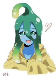Rule 34 | 10s, 1girl, :d, ahoge, bad id, bad pixiv id, blue skin, colored skin, green eyes, green hair, heart, highres, kagiyama (clave), looking at viewer, matching hair/eyes, monster girl, monster musume no iru nichijou, open mouth, raincoat, signature, simple background, slime girl, smile, solo, suu (monster musume), tentacle hair, upper body, white background