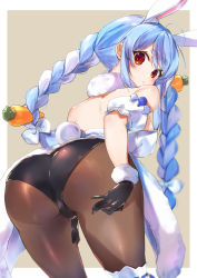 Rule 34 | 1girl, animal ear fluff, animal ears, ass, back, black leotard, blue hair, blush, bow, braid, breasts, brown pantyhose, carrot hair ornament, closed mouth, commentary request, detached sleeves, dress, food-themed hair ornament, from behind, fur collar, hair bow, hair ornament, highres, hololive, kasumi komo, leotard, long hair, looking at viewer, medium breasts, multicolored hair, pantyhose, rabbit ears, rabbit girl, rabbit tail, red eyes, short eyebrows, short sleeves, sidelocks, simple background, solo, tail, thick eyebrows, twin braids, twintails, two-tone hair, usada pekora, usada pekora (1st costume), virtual youtuber, white bow, white dress, white hair