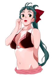 Rule 34 | 1girl, antenna hair, arm behind back, bikini, blue hair, bow, breasts, cleavage, cropped torso, green eyes, hair bow, irako (kancolle), kantai collection, large breasts, long hair, ojipon, open mouth, ponytail, red bow, simple background, solo, swimsuit, upper body, white background