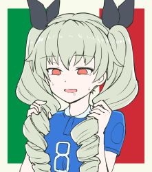 Rule 34 | 10s, 1girl, anchovy (girls und panzer), black ribbon, blouse, blue shirt, commentary, crying, crying with eyes open, drill hair, empty eyes, flag background, flat color, girls und panzer, green hair, hair ribbon, holding, holding own hair, italian flag, long hair, no pupils, open mouth, pas (paxiti), red eyes, ribbon, saliva, shirt, short sleeves, soccer, soccer uniform, solo, sportswear, standing, sweat, tears, twin drills, twintails, upper body, world cup