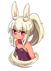 Rule 34 | 1girl, animal ear fluff, animal ears, bare shoulders, blonde hair, blush, closed mouth, collar, collarbone, commentary request, covered navel, cropped torso, dark-skinned female, dark skin, etrian odyssey, female focus, hair between eyes, heart, heart-shaped pupils, highres, leotard, long hair, looking at viewer, masurao (sekaiju), naga u, pink eyes, ponytail, purple leotard, rabbit ears, red collar, sekaiju no meikyuu, sekaiju no meikyuu 5, sidelocks, simple background, solo, strapless, strapless leotard, symbol-shaped pupils, thick eyebrows, upper body, very long hair, white background