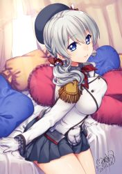 Rule 34 | 10s, 1girl, alternate hairstyle, artist name, bare legs, beret, black skirt, blue eyes, braid, breasts, curtains, dated, epaulettes, female focus, frilled sleeves, frills, gloves, hat, kantai collection, kashima (kancolle), kitasaya ai, legs, long hair, looking at viewer, low twintails, military, military uniform, parted lips, pleated skirt, signature, silver hair, skirt, smile, solo, twintails, uniform, wavy hair, white gloves, white uniform