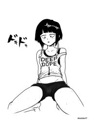 Rule 34 | 10s, 1girl, arrow (projectile), audio jack, bare shoulders, black eyes, black hair, blush, boku no hero academia, cameltoe, clothes writing, collarbone, earlobes, english text, feet, full body, greyscale, half-closed eyes, highres, jirou kyouka, long earlobes, monochrome, navel, open mouth, short hair, short shorts, shorts, simple background, solo, spread legs, squatting, strap slip, sweat, sweatdrop, tank top, white background