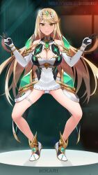 Rule 34 | 1girl, bare legs, bare shoulders, blonde hair, breasts, character name, chest jewel, cleavage, cleavage cutout, closed mouth, clothing cutout, commentary request, double v, dress, elbow gloves, fanbox username, full body, gloves, highres, large breasts, long hair, looking at viewer, mythra (xenoblade), short dress, solo, standing, swept bangs, thigh strap, tiara, v, very long hair, white dress, white footwear, white gloves, xenoblade chronicles (series), xenoblade chronicles 2, yellow eyes, yuzuriha (active homing)