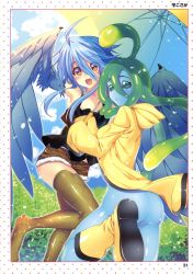 Rule 34 | 2girls, :d, :o, absurdres, ahoge, arms up, artbook, artist name, ass, bird legs, black tank top, blue hair, blue wings, blush, boots, brown shorts, feathered wings, feathers, from behind, fur-trimmed shorts, fur trim, green eyes, green hair, harpy, highres, holding, holding umbrella, jacket, leg up, long hair, looking at viewer, looking back, monster girl, monster musume no iru nichijou, multiple girls, naked jacket, open clothes, open jacket, open mouth, outdoors, page number, papi (monster musume), rubber boots, scan, short hair with long locks, shorts, sidelocks, smile, suu (monster musume), taira kosaka, tank top, umbrella, winged arms, wings, yellow eyes, yellow footwear, yellow jacket, yellow umbrella