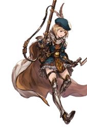 Rule 34 | 10s, 1girl, bag, blonde hair, boots, brown eyes, cape, djeeta (granblue fantasy), feather beret, female focus, full body, gloves, granblue fantasy, gun, hat, hat feather, hawkeye (granblue fantasy), knee boots, minaba hideo, official art, open mouth, rifle, running, short hair, skirt, solo, thighhighs, transparent background, weapon