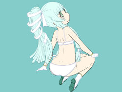 Rule 34 | 10s, 1girl, alternate hairstyle, aoki hagane no arpeggio, aqua background, bad id, bad pixiv id, blue hair, boots, bra, dimples of venus, from behind, full body, gloves, green eyes, hair ribbon, high ponytail, i-402 (aoki hagane no arpeggio), kamo 3, long hair, looking up, multiple views, panties, parted lips, ribbon, sidelocks, sideways mouth, simple background, sitting, underwear, very long hair, white bra, white footwear, white gloves, white panties, white ribbon