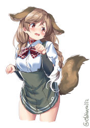 Rule 34 | 1girl, animal ears, blush, bow, bowtie, braid, breasts, brown hair, cloud hair ornament, dog ears, dog tail, ebifurya, gradient hair, highres, kantai collection, light brown hair, long hair, medium breasts, minegumo (kancolle), multicolored hair, open mouth, paw pose, plaid, plaid bow, plaid bowtie, plaid neckwear, pleated skirt, red bow, red bowtie, red eyes, school uniform, shirt, short sleeves, simple background, skirt, solo, suspenders, tail, tears, twin braids, white background, white shirt