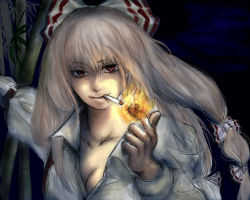 Rule 34 | 1girl, bad id, bad pixiv id, bamboo, bamboo forest, cigarette, colorized, female focus, fire, forest, fujiwara no mokou, hair ribbon, mizutama238, nature, night, red eyes, ribbon, shirt, silver hair, sketch, smile, solo, touhou, unbuttoned, white shirt
