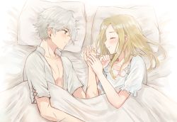 Rule 34 | 1boy, 1girl, affectionate, bed, bed sheet, blanket, blonde hair, blouse, blush, closed eyes, collarbone, collared shirt, couple, green eyes, grey hair, hetero, holding hands, long hair, looking at another, lying, octopath traveler, octopath traveler i, on side, open clothes, open shirt, ophilia (octopath traveler), pillow, shirt, short hair, short sleeves, smile, therion (octopath traveler), unbuttoned, unbuttoned shirt, wspread